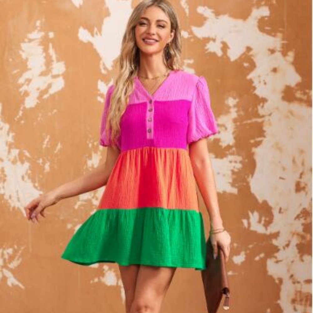 Multicolor Color Block Tiered Puff Sleeve Dress